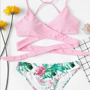 Shein Criss Cross Wrap Top With Floral Bikini Set